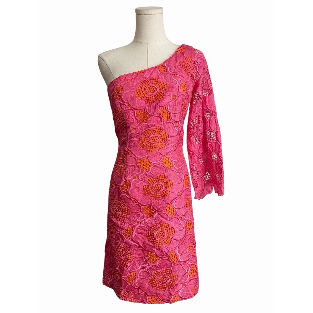 Lilly Pulitzer Silk Dress 4 One Shoulder Pink Lace Teresa Hotty Double Nothing - Picture 2 of 12